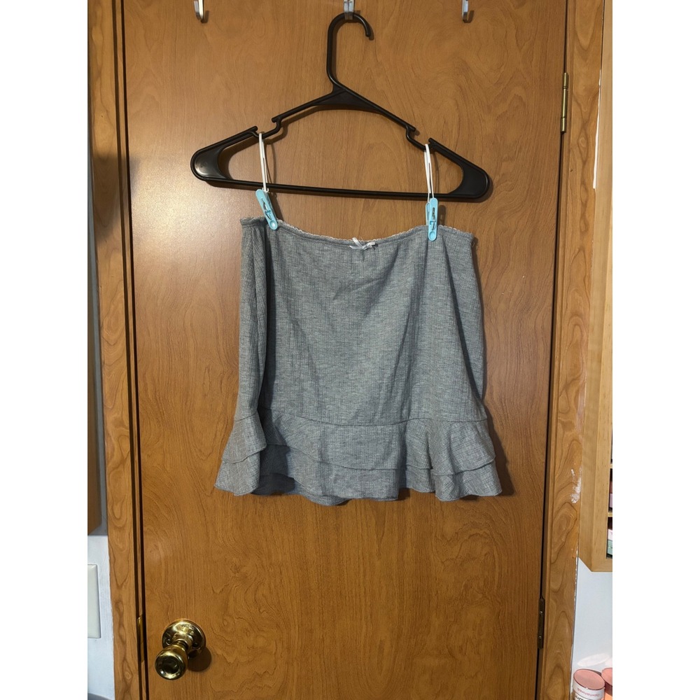 Windsor Grey Ribbed Knit Ruffle Mini Skirt Lace Trim Tiered Hem